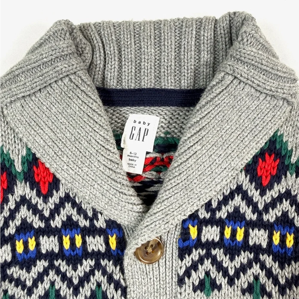 BABY GAP Cardigan Sweater 6-12M Fair Isle Animal Print Grandpacore Shawl Collar‎